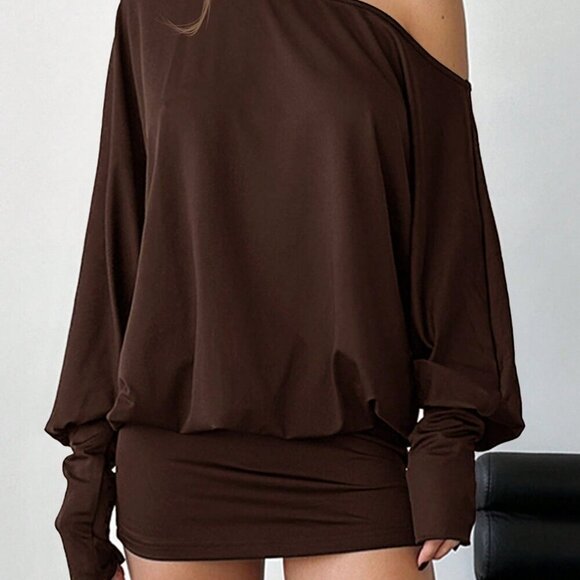 Brown Casual womens Asymmetric Shoulder Long Sleeve mini dress - Picture 4 of 8